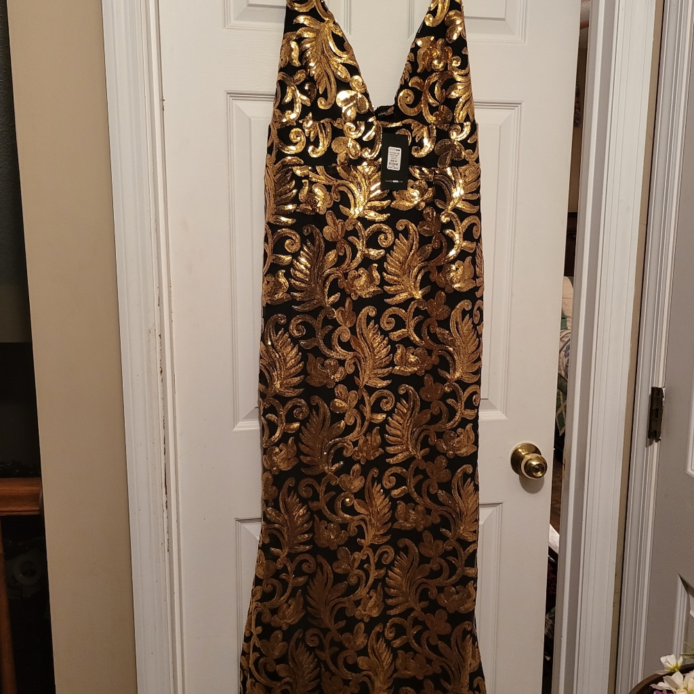 Fashion Nova black and gold sequins formal dress.
